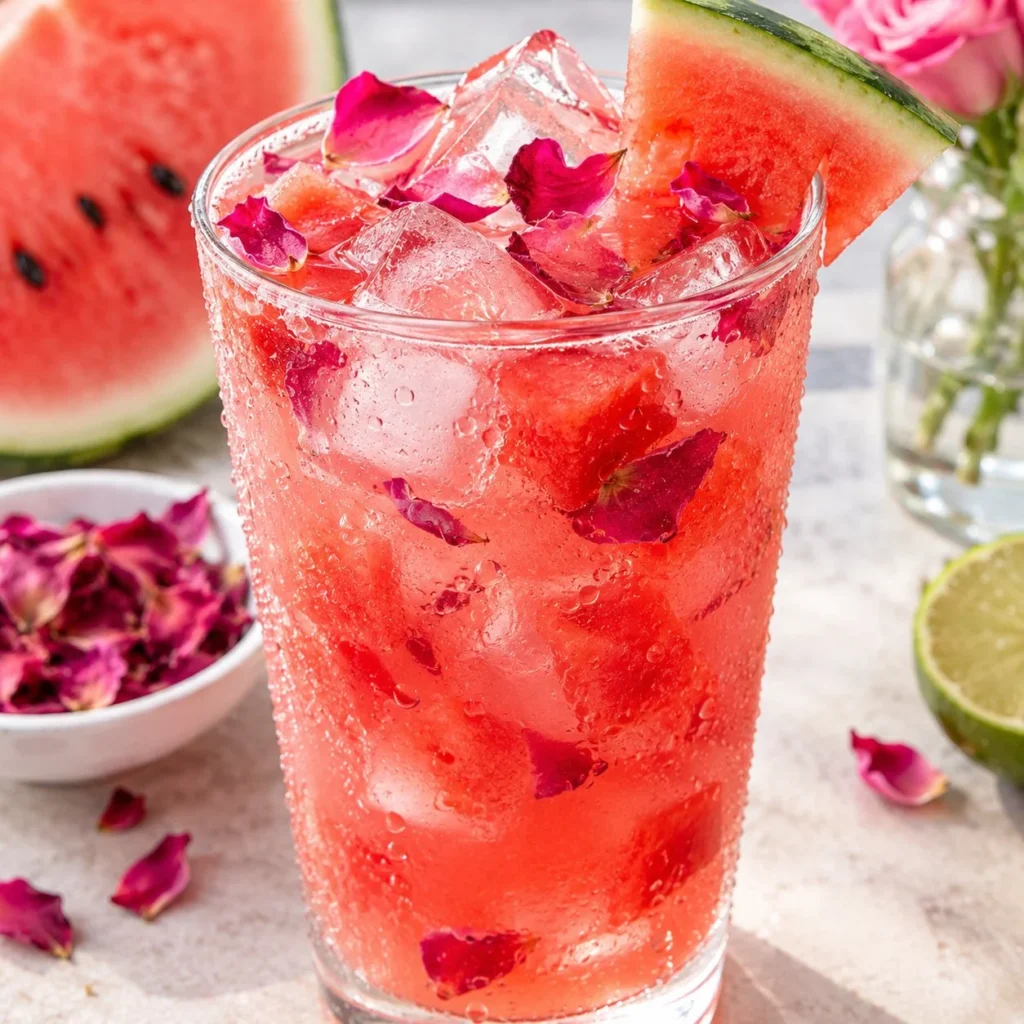 Bebida refrescante de sandía y rosa en vaso decorativo