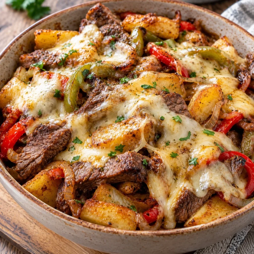 Cuenco delicioso de bistec con queso, fácil de preparar y sabroso